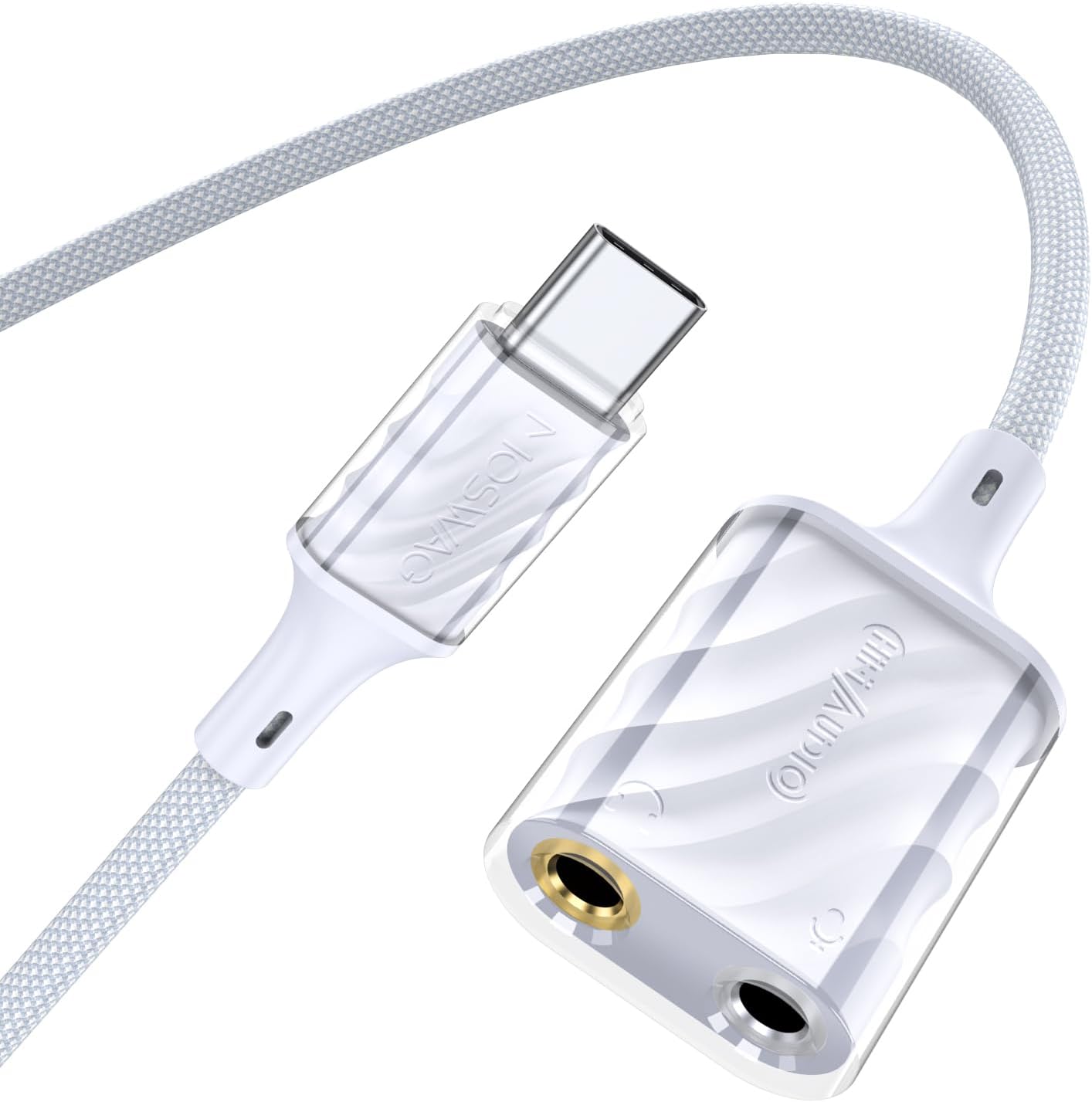 MOSWAG USB‑C sound card connected to laptop and headphones