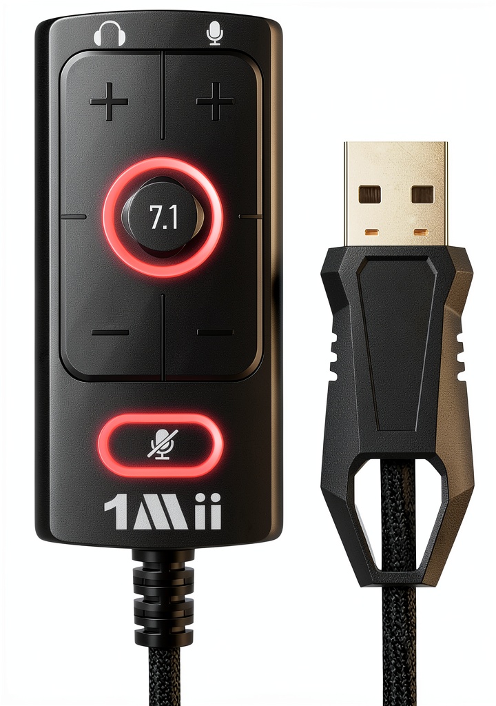 1Mii external sound card connected to a gaming headset on a desk