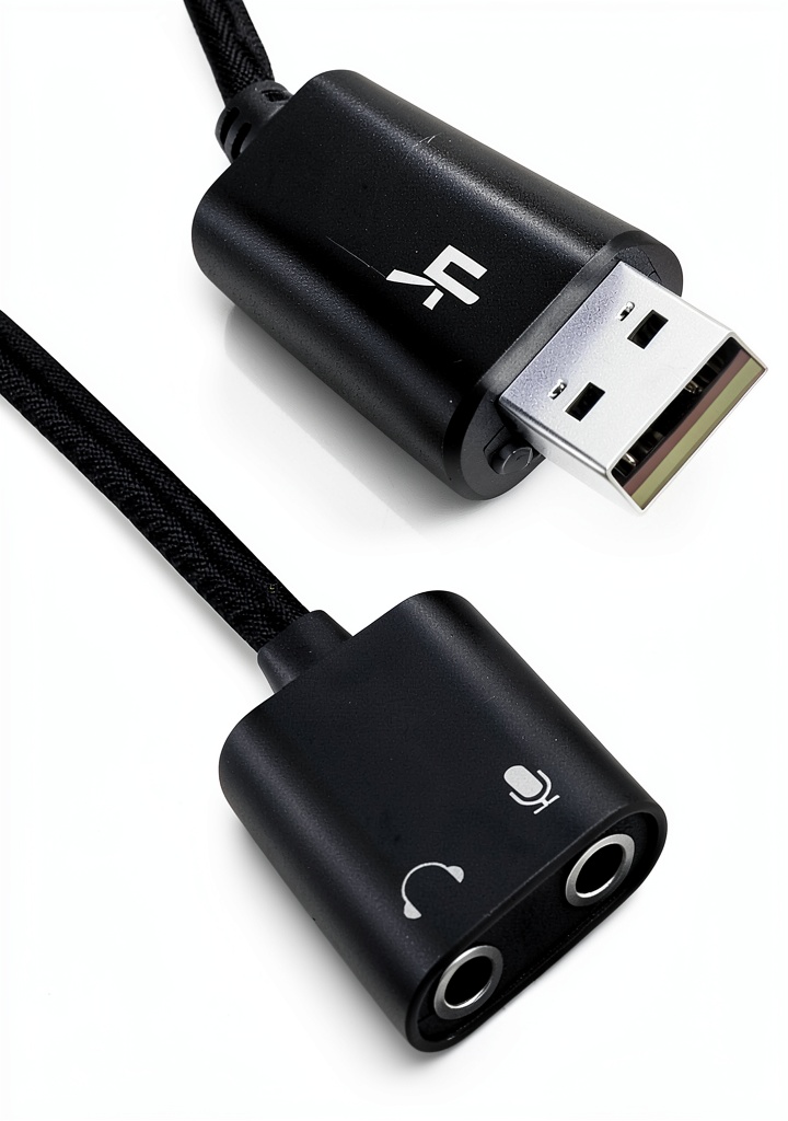 ENVEL USB Stereo Sound Card connected to a laptop in a home office
